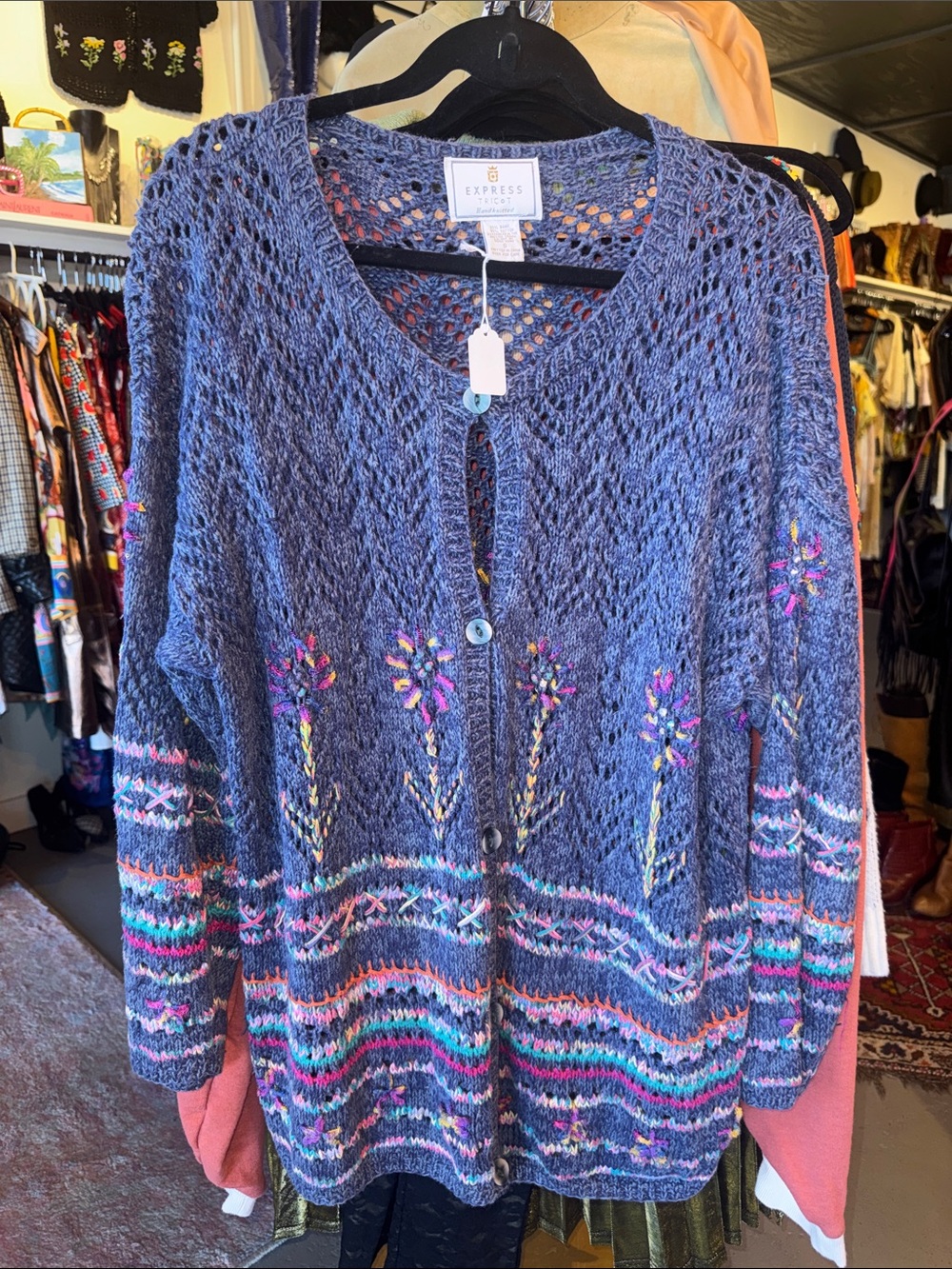 Vintage Express Tricot Blue Floral Knit Oversized Sweater Cardigan Jacket